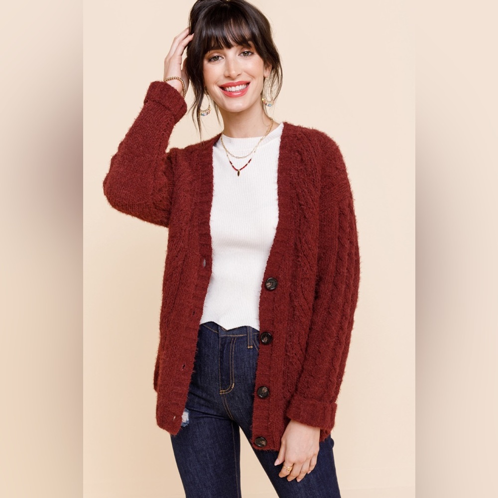 FRANCESCA’S Maroon Cable Knit Chunky Sweater with Tortoise Buttons